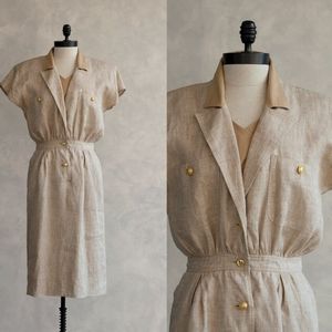Vintage Valentino Dress Beige Linen Midi Dress 1980s Shirt Dress With Pockets